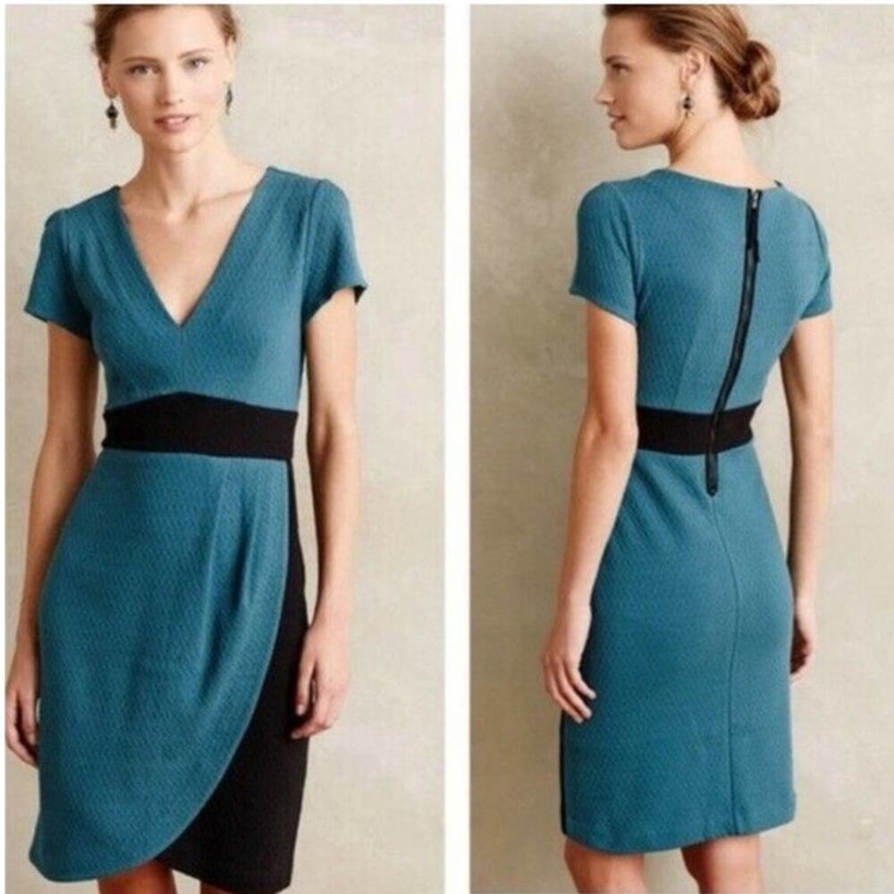 Maeve by Anthropologie Teal Blue Textured Splitshade Tulip Hem Dress Size Small